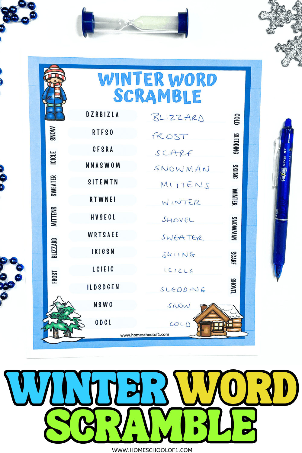 Winter word scramble worksheet filled out with answers such as blizzard, frost, and scarf, surrounded by winter props like a snowflake, blue beads, and a sand timer.
