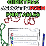 Christmas acrostic poem printables with completed example and three black-and-white template options for kids.