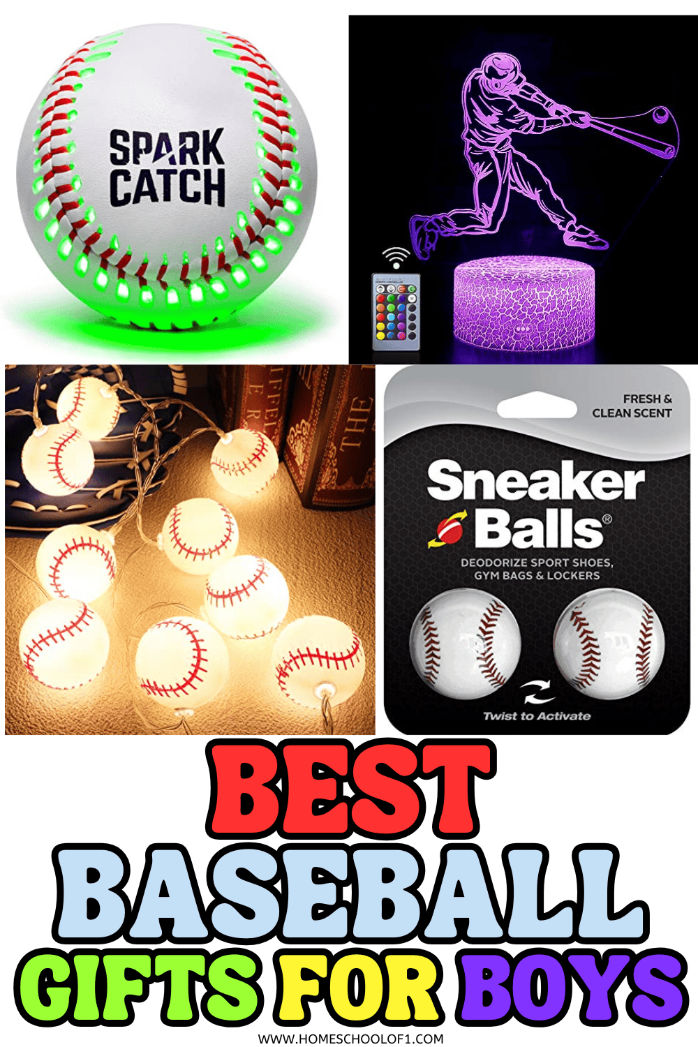 Collage of baseball gifts for boys including light-up ball, neon lamp, and baseball string lights with bold text Best Baseball Gifts.

