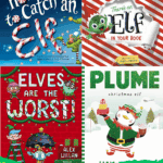 Four Christmas-themed children’s book covers including How to Catch an Elf, There's an Elf in Your Book, Elves Are the Worst, and Plume, with green festive text reading “23 of the Best Elf Books.”