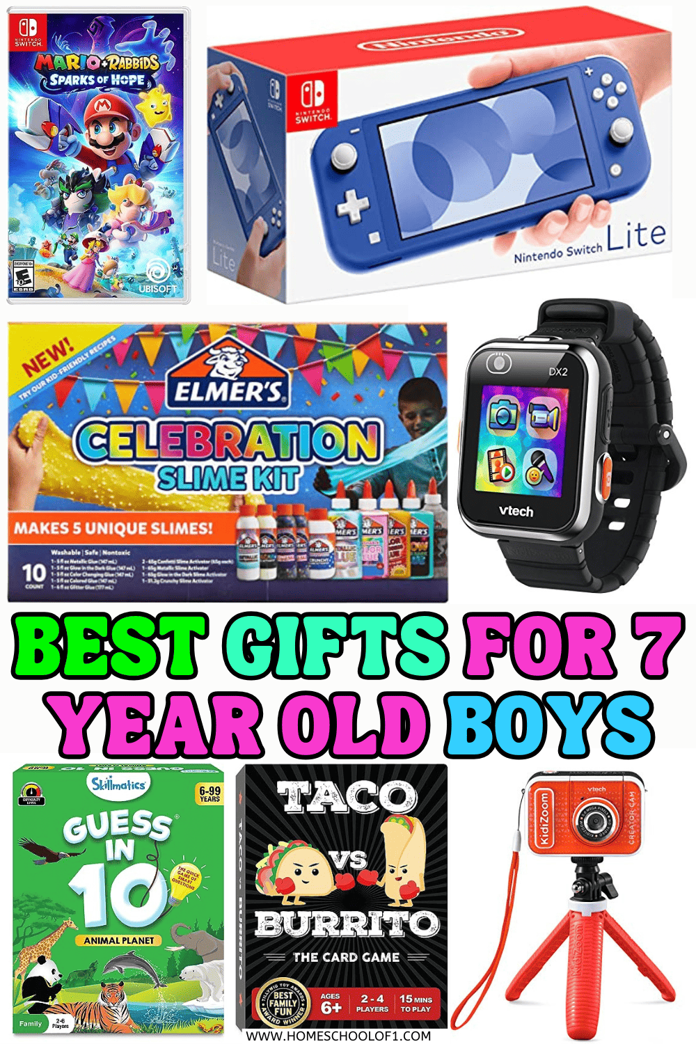 best gifts for a7 year old boys with a variety of gifts including vtech smart watch, a nintendo switch lite, guess in 10 animal planet game, a video camera, taco vs burrito card game and much more.