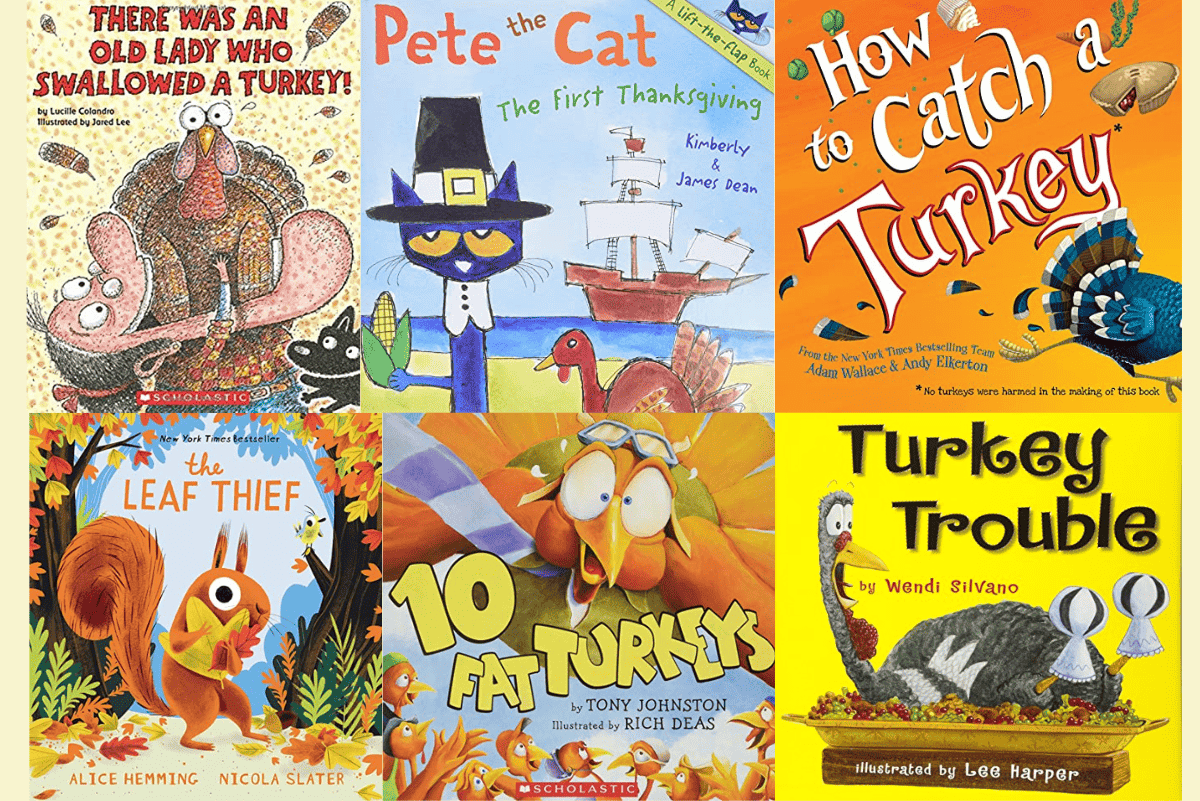 A compact version of the collage showcasing Thanksgiving-themed children's book covers ideal for kindergarten, featuring titles such as 'The Leaf Thief', '10 Fat Turkeys', and 'Turkey Trouble',