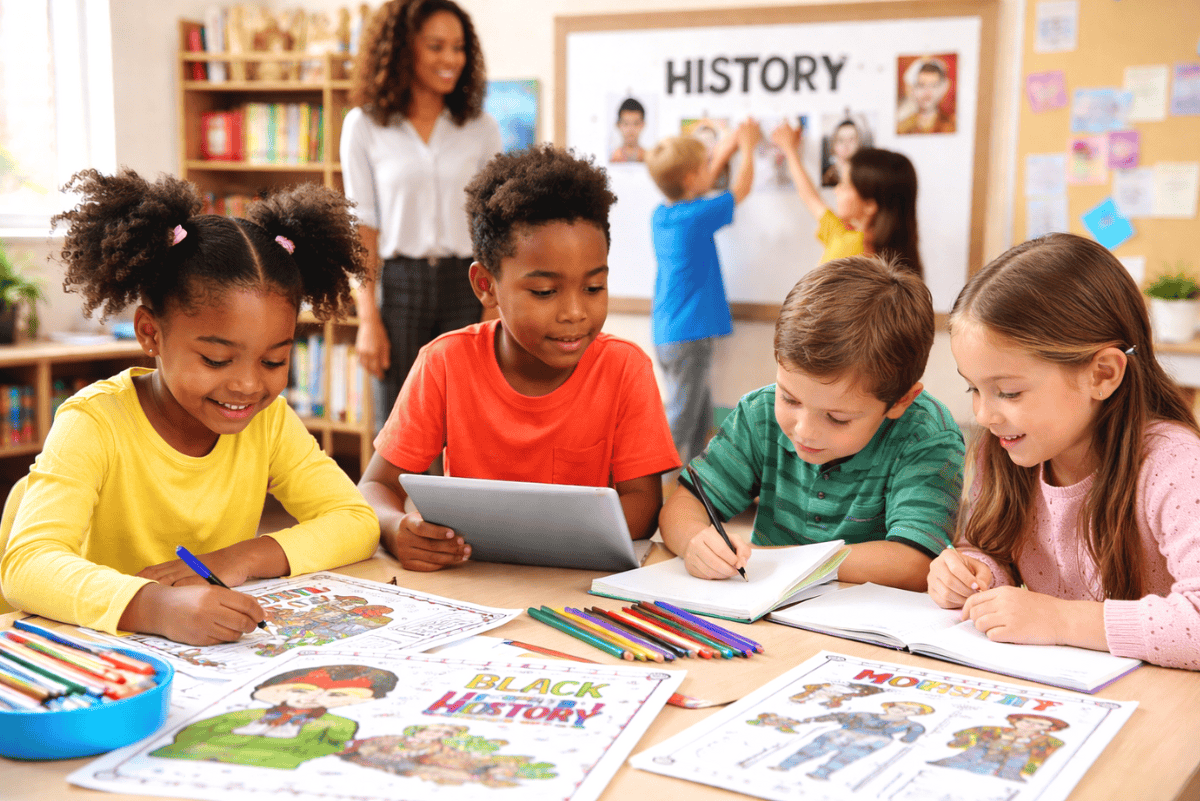 Students working together on Black History Month classroom activities through discussion and creative projects