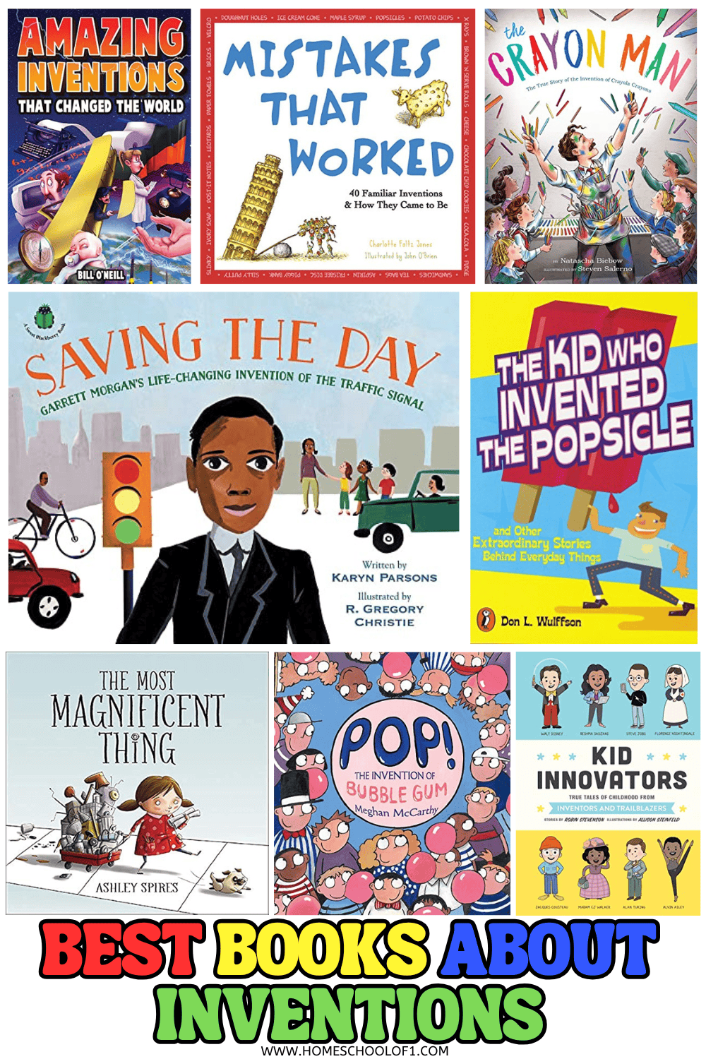 collage of the best books about inventions for kids.