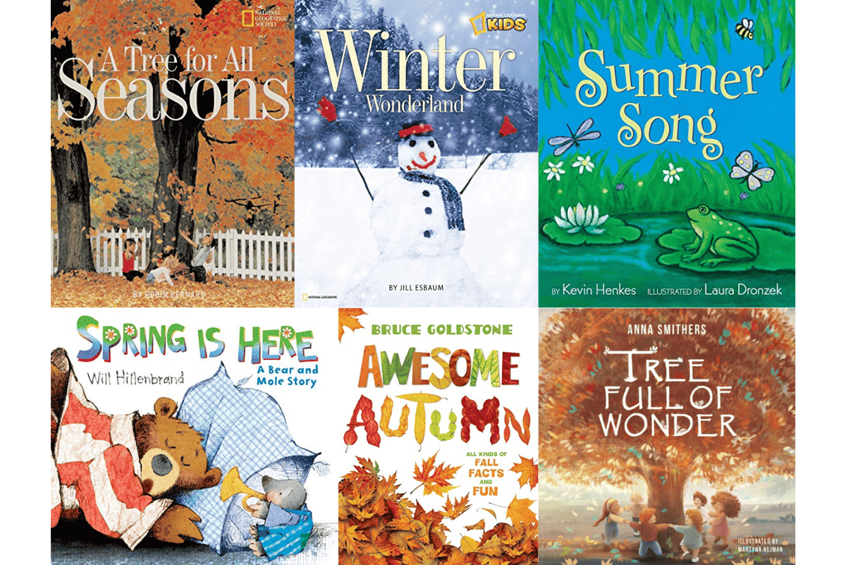 Collage of children's books about seasons including 'A Tree for All Seasons,' 'Winter Wonderland,' 'Summer Song,' 'Spring is Here,' 'Awesome Autumn,' and 'Tree Full of Wonder' for preschoolers.