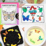 A collage of hands-on butterfly life cycle activities for kids, including printable worksheets, crafts with real leaves and beans, and coloring pages.