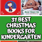 Illustrated Christmas book covers with bold green and white text: “31 Best Christmas Books for Kindergarten.”