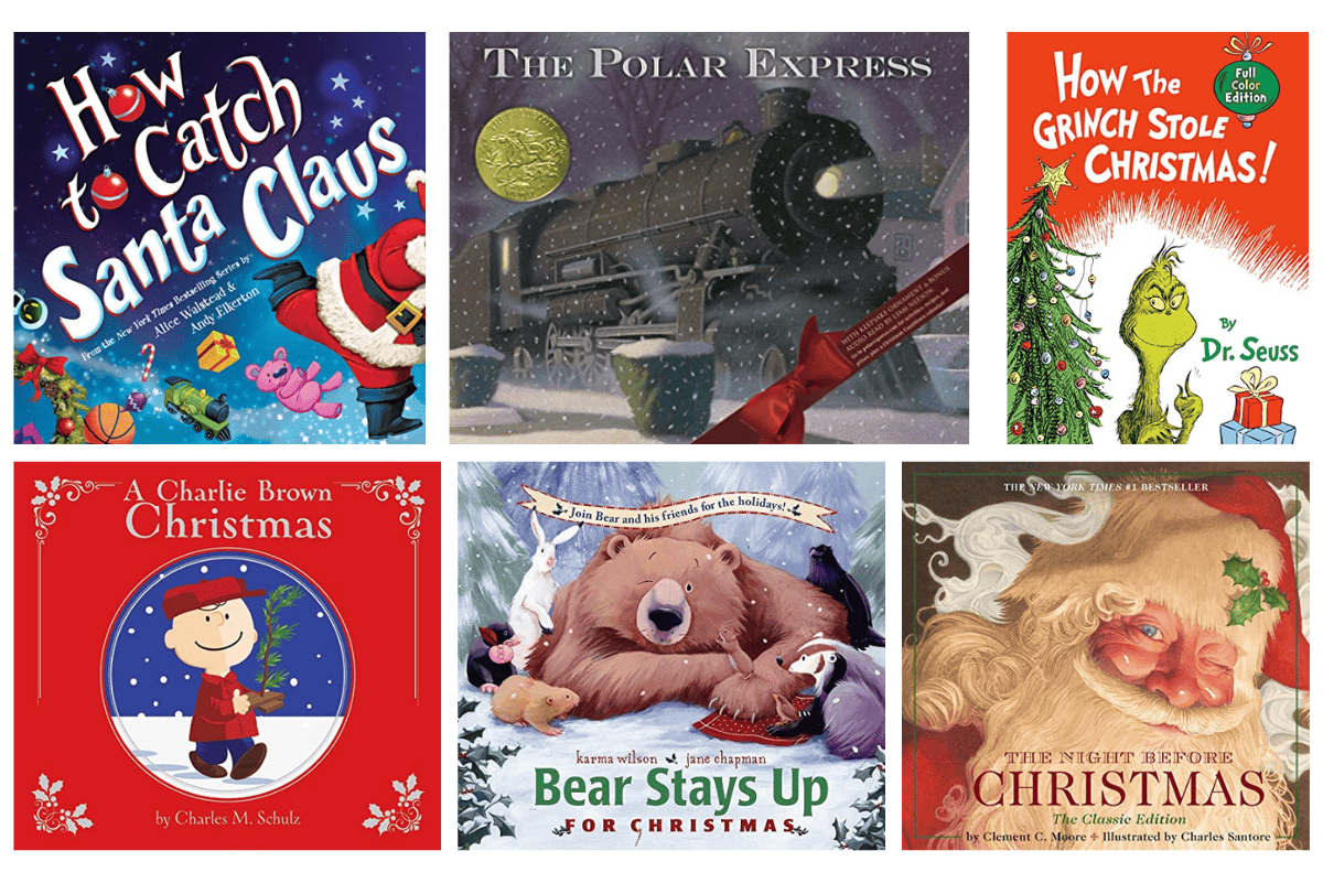 Cover of 'How to Catch Santa Claus' with Santa sneaking past toys, 'The Polar Express' with a train in the snow, 'How The Grinch Stole Christmas!' with the Grinch beside a tree, 'A Charlie Brown Christmas', 'Bear Stays Up for Christmas' with animals around a sleeping bear, and 'The Night Before Christmas' with a close-up of Santa Claus.