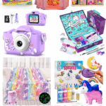 Collage of Christmas gift ideas for 6 year old girls including a unicorn Monopoly Junior game, pink princess play tent with lights, Melissa & Doug stamp set, kids digital camera, unicorn writing set, glow-in-the-dark unicorn blanket, and paint-your-own squishies kit.