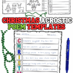 Three printable Christmas acrostic poem templates for kids featuring lined writing pages and festive illustrations.