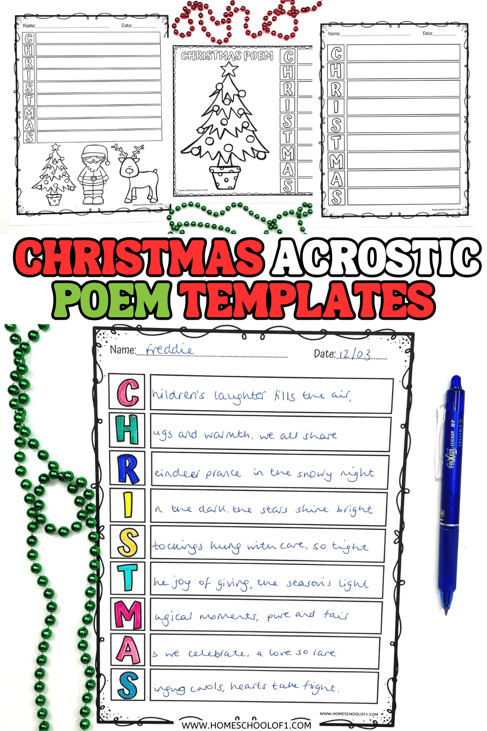 Three printable Christmas acrostic poem templates for kids featuring lined writing pages and festive illustrations.

