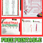 Flat lay of printable Christmas word games including a word scramble, Elf name word search, Christmas Scattergories, and words-within-words worksheets with pens and festive props.