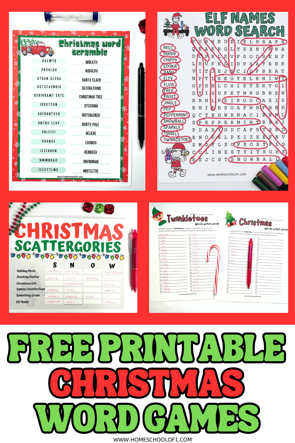 Flat lay of printable Christmas word games including a word scramble, Elf name word search, Christmas Scattergories, and words-within-words worksheets with pens and festive props.