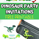 Dinosaur party invitations free printable with cute dinosaur graphics and red envelope for kids’ birthday.