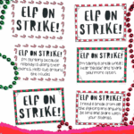 Collection of Elf on Strike signs with candy cane and holiday-themed borders, ideal for humorous Elf on the Shelf setups.