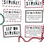 Free printable “Elf on Strike” signs featuring playful candy cane borders and colorful frames, designed to use with your Elf on the Shelf.