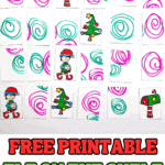 Printable Elf on the Shelf memory game with cut-out cards featuring elves, trees, and Christmas mailboxes on a white table.