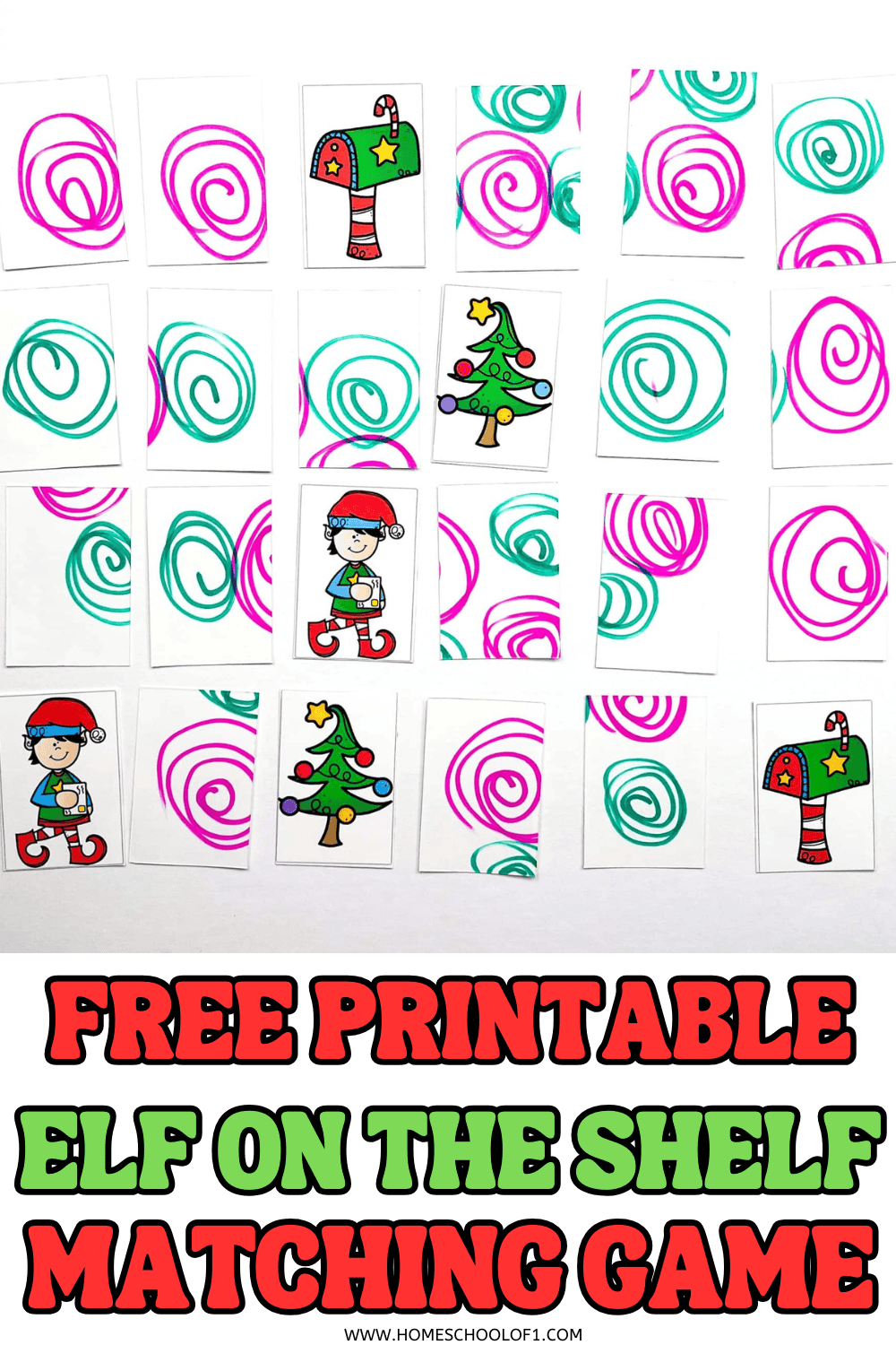 Printable Elf on the Shelf memory game with cut-out cards featuring elves, trees, and Christmas mailboxes on a white table.

