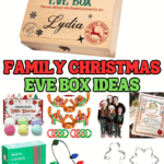 Personalized wooden Christmas Eve box for Lydia with festive North Pole stamps and family-friendly holiday fillers like bath bombs, reindeer antler game, matching pajamas, and Christmas cookie cutters.