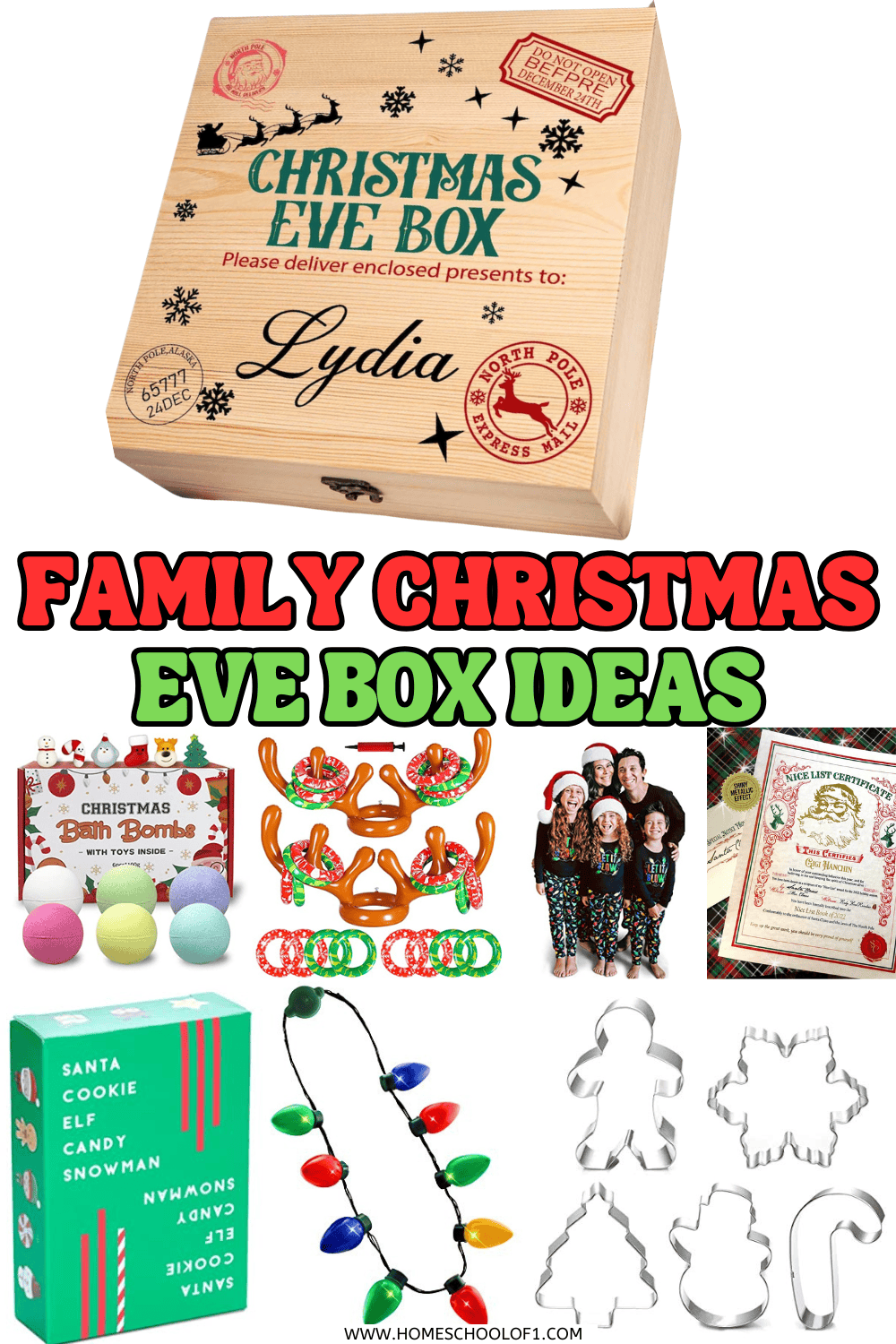 Personalized wooden Christmas Eve box for Lydia with festive North Pole stamps and family-friendly holiday fillers like bath bombs, reindeer antler game, matching pajamas, and Christmas cookie cutters.

