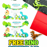 Free dino birthday invitations printable with cute dinosaurs, greenery, and party gifts.