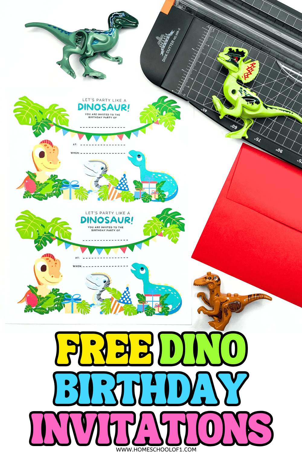 Free dino birthday invitations printable with cute dinosaurs, greenery, and party gifts.
