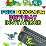 Free dinosaur birthday invitations printable filled out with party details, featuring colorful dinosaur illustrations.