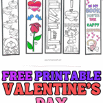 Free printable Valentine’s Day bookmarks to color featuring hearts, roses, teddy bears, stacked books, cute Valentine phrases, and partially colored designs laid out on a white background.