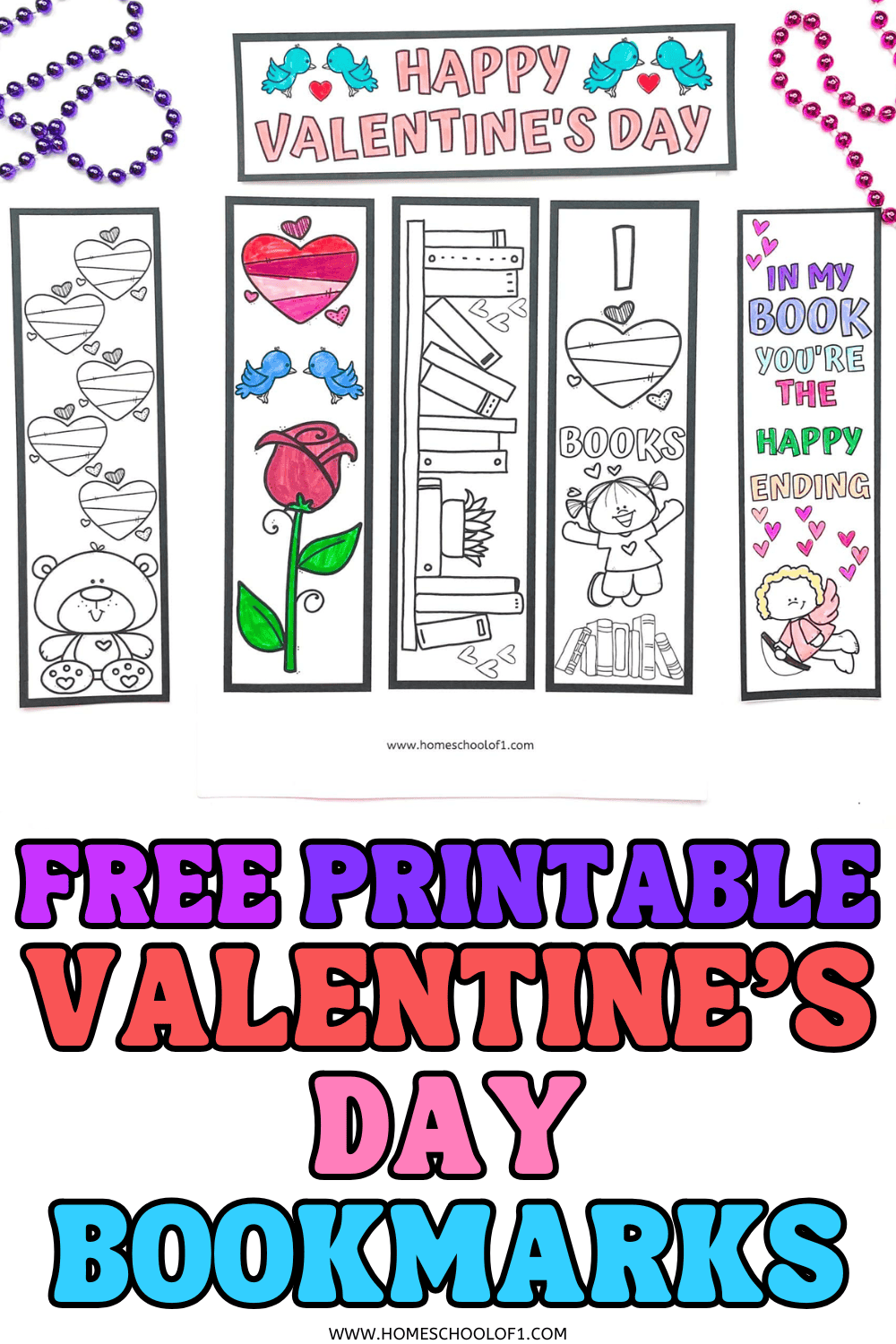 Free printable Valentine’s Day bookmarks to color featuring hearts, roses, teddy bears, stacked books, cute Valentine phrases, and partially colored designs laid out on a white background.