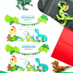 Free printable dinosaur birthday invitations with colorful cartoon dinosaurs, tropical leaves, and party decorations.