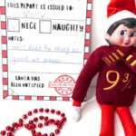 Elf report card printable with red border, checked "Nice" box, and handwritten note praising good behavior.