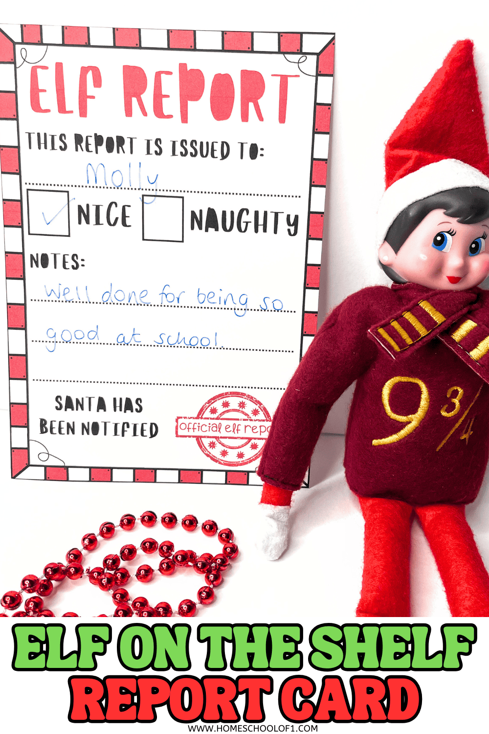 Elf report card printable with red border, checked "Nice" box, and handwritten note praising good behavior.