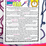 A filled-in New Year’s Mad Libs printable with colorful writing and doodles, surrounded by festive party beads.