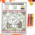 Free printable turkey color by number worksheet for kids with six colors, including red, orange, green, and browns, surrounded by fall decorations.