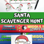 Santa scavenger hunt printable with Santa number cards and red bead garland
