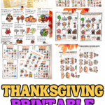 Collage of free Thanksgiving printable games including Scattergories, Bingo, Turkey Scavenger Hunt, and Thanksgiving Memory Game for kids.