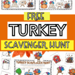 Free printable turkey scavenger hunt sheets with colorful cut-out turkey cards for Thanksgiving activities.