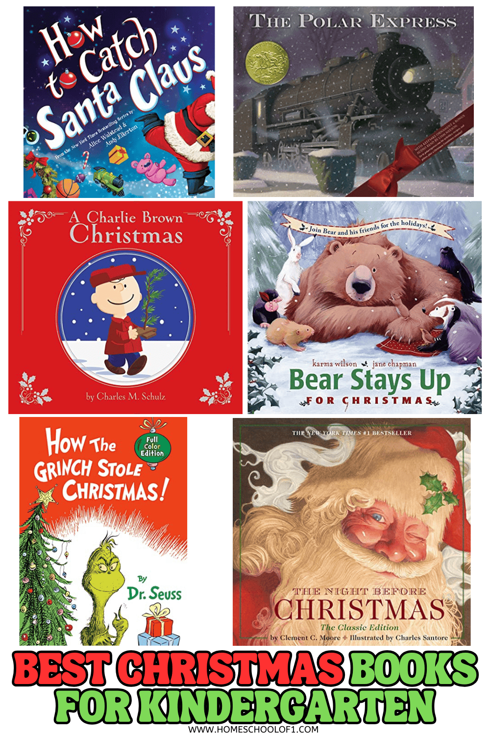 Book covers of popular Christmas books for kindergarten, including How to Catch Santa Claus, The Polar Express, and Bear Stays Up for Christmas.
