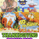 Collage of Thanksgiving books for kindergarten including Pete the Cat, 10 Fat Turkeys, and The Leaf Thief.