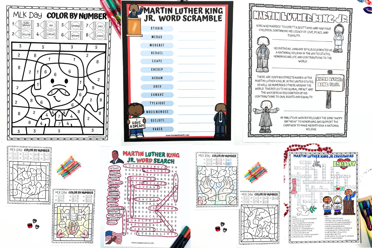 Collage of MLK Day printables for kids, including color-by-number, word scramble, word search, and biography pages.