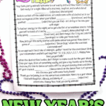 A blank New Year’s Mad Libs printable sheet with colorful title art and festive beads around it.
