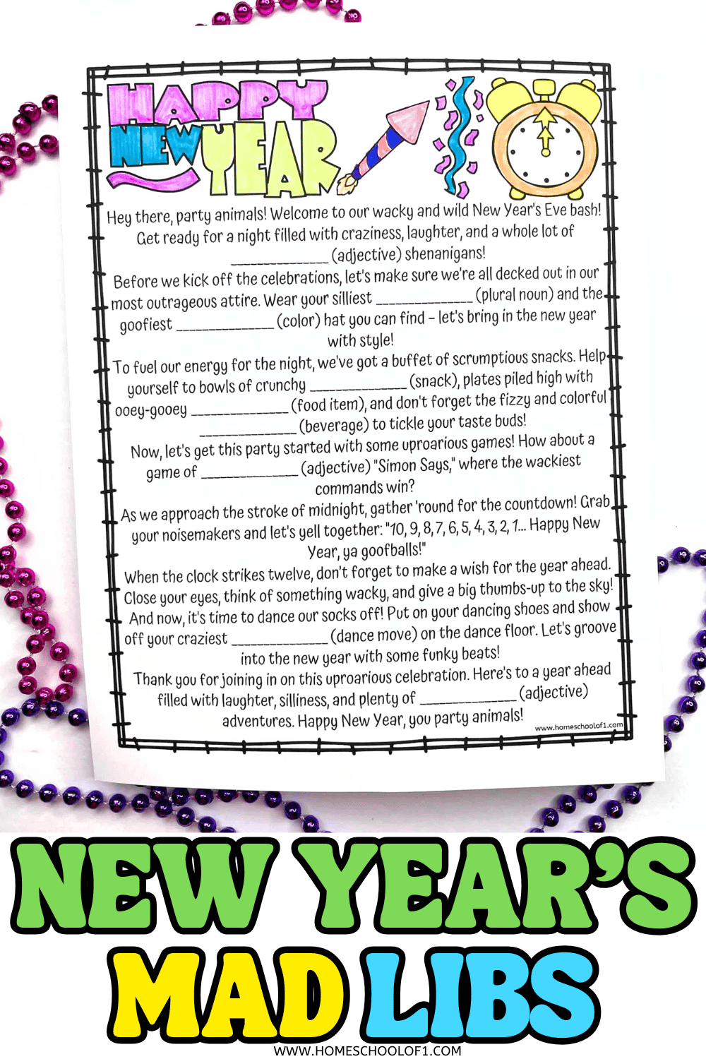 A blank New Year’s Mad Libs printable sheet with colorful title art and festive beads around it.