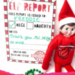 Printable Elf behavior report with elf doll and kind message to child named Freddie.