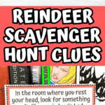 Printable reindeer clue cards displayed on a table and bookshelf, decorated with reindeer art and holiday colors.