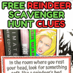 Printable reindeer scavenger hunt clue cards spread out on a white background with bold Christmas-themed text.