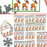 Printable reindeer scavenger hunt clue card and full clue set with festive reindeer illustrations and Christmas decorations.