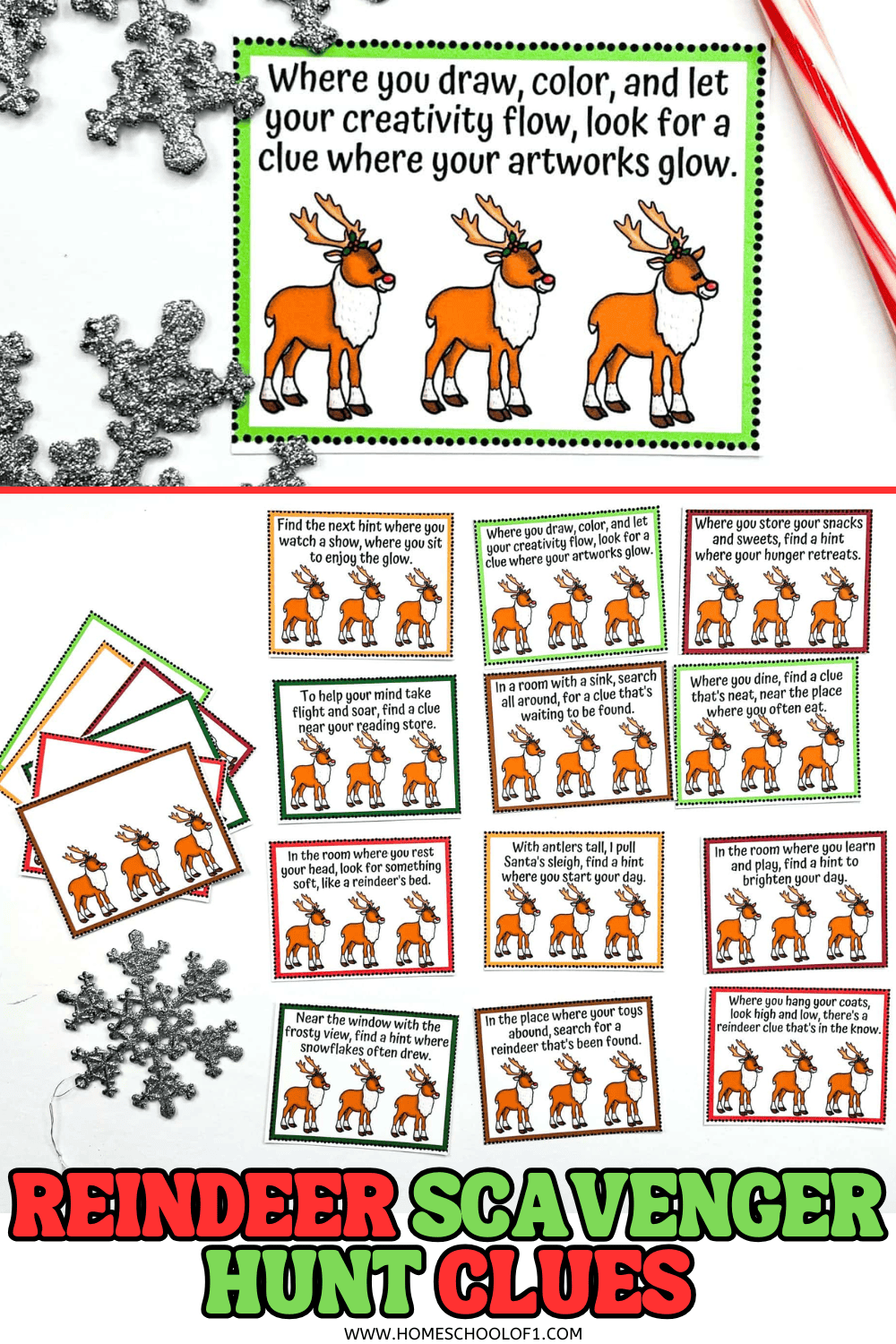 Printable reindeer scavenger hunt clue card and full clue set with festive reindeer illustrations and Christmas decorations.