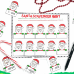 Santa hunt printable with 12 numbered Santa cards and festive holiday decorations