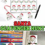 Printable Santa scavenger hunt with cut-out Santa cards and counting sheet