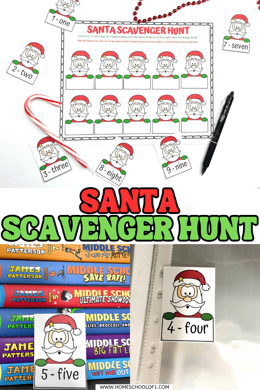 Printable Santa scavenger hunt with cut-out Santa cards and counting sheet

